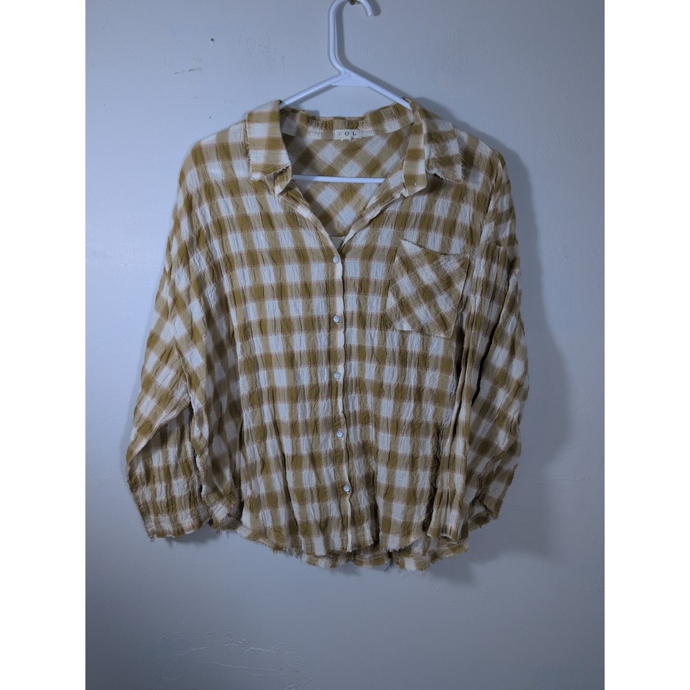 POL Distressed Brown Plaid Long Sleeve Shirt Summer Relaxed Style Large